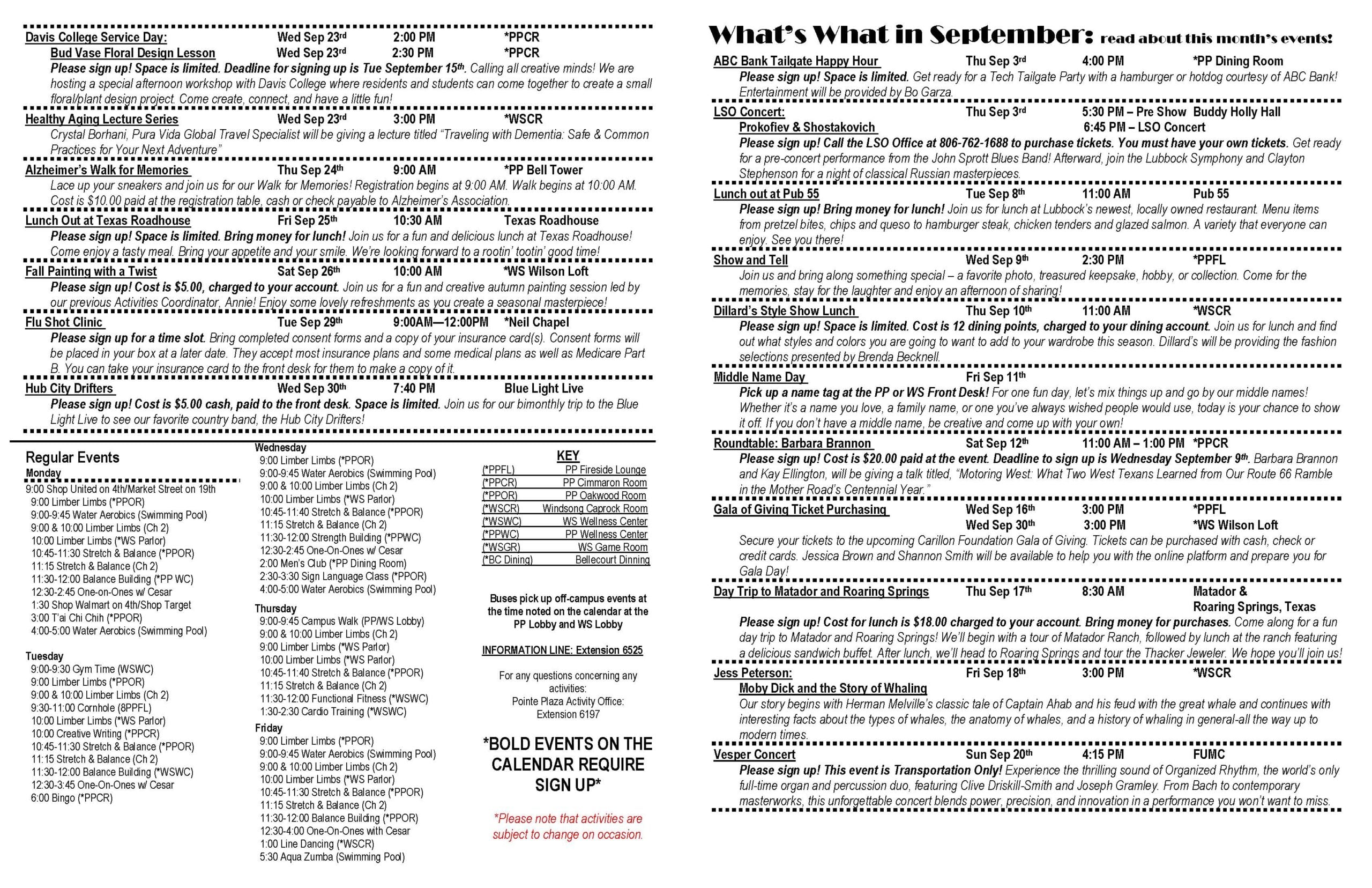 Carillon Community ‘What’s What in September’ event guide with detailed descriptions, dates, times, locations, costs and sign-up requirements for special September 2026 programs. Featured events include ABC Bank Tailgate Happy Hour on September 3, a Lubbock Symphony Orchestra performance of Prokofiev and Shostakovich at Buddy Holly Hall, lunch at Pub 55 on September 8, Show and Tell on September 9, Dillard’s Fall Style Show Lunch on September 10, Middle Name Day on September 11, a Route 66 roundtable on September 12, Gala of Giving ticket assistance on September 16 and 30, a day trip to Matador and Roaring Springs on September 17, Jess Peterson’s ‘Moby Dick and the Story of Whaling’ presentation on September 18 and a Vesper Concert on September 20. Additional events include a Bud Vase Floral Design Lesson and Healthy Aging Lecture on September 23, Alzheimer’s Walk for Memories on September 24, lunch at Texas Roadhouse on September 25, Fall Painting with a Twist on September 26, a flu shot clinic on September 29 and a Hub City Drifters concert outing on September 30. The lower section lists recurring weekday wellness, exercise, shopping, Tai Chi, bingo, cards, swimming and social programs along with a location key and a note that bold calendar events require sign-up.