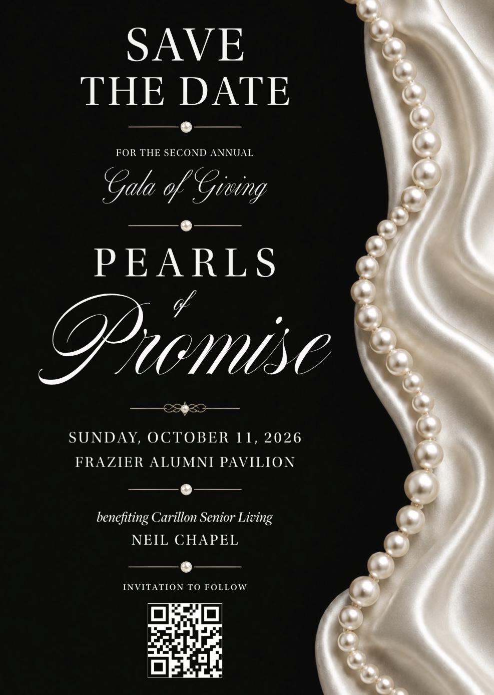Black image with white silk and pearls that says "Save The Date for the second annual Gala of Giving"